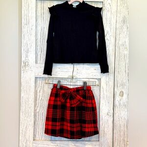 SHEIN Red & Black Plaid Skater Skirt w/Black Sweater Top. Sz 7yr. Fits like 6/6x